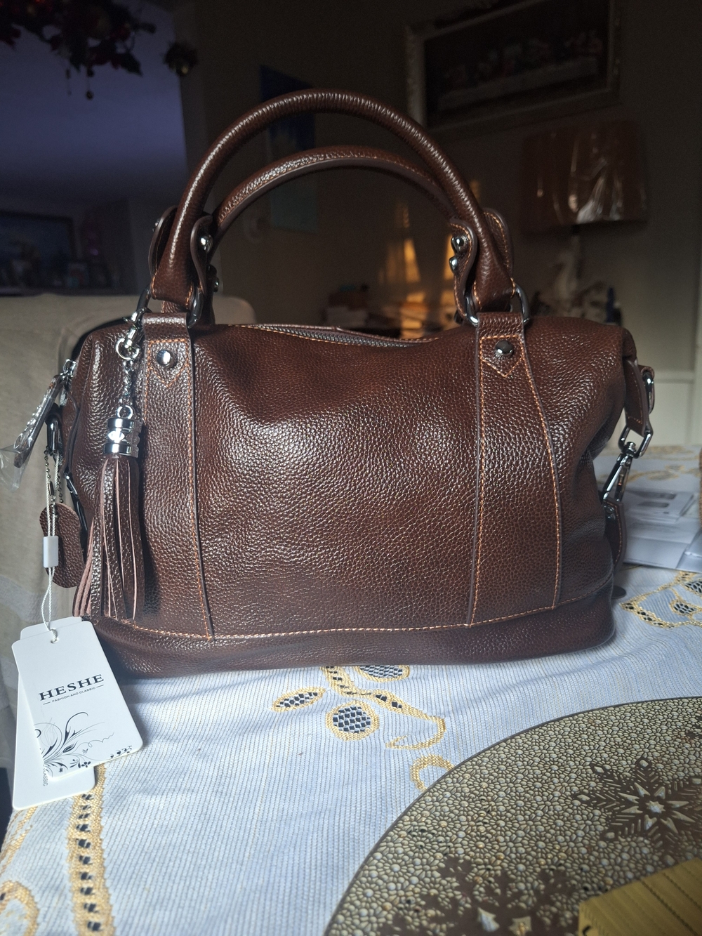 Heshe Genuine Leather Brown Unisex Handbag With Top Straps Also Detachable Strap
